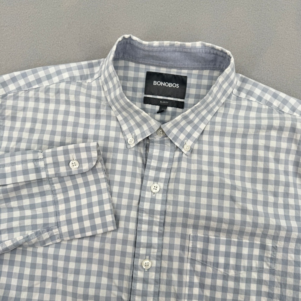 Bonobos Mens Slim Fit Gingham Check Button Down Shirt Blue/White Cotton Size L